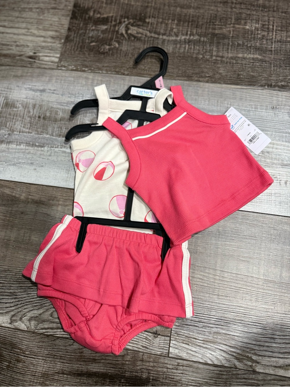 Carter's Coral Pink Tank, Shorts & Printed Cream Bodysuit Set